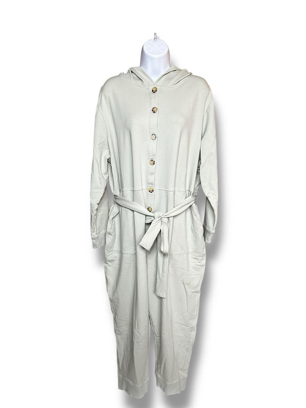 Encore by Idina Menzel Petite French Terry Hooded Jumpsuit Sage Green XL
